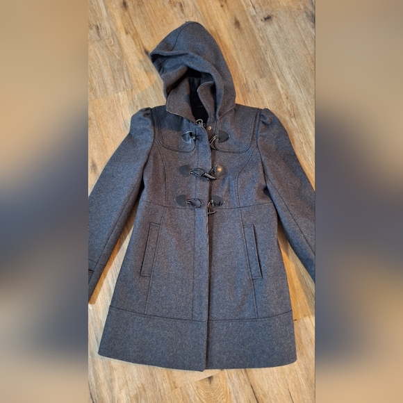 Guess Charcoal Gray Hooded Wool Coat With Black Toggle Zip Up Size Medium Bin16 - Picture 7 of 13
